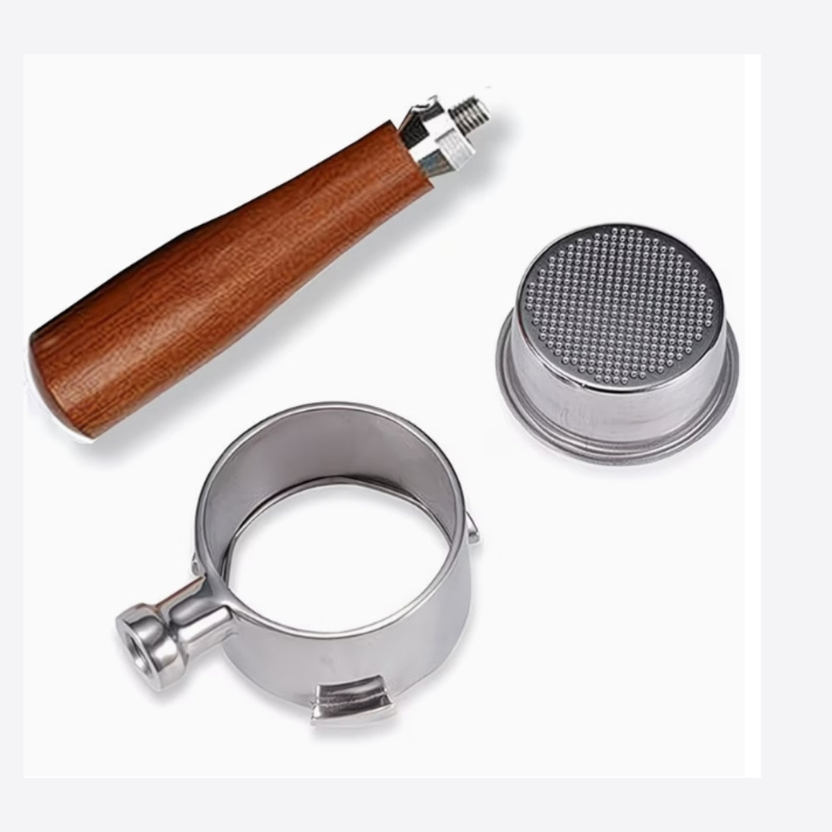 Coffee brewing tool set with wooden handle, metal filter, and metal collar on a white background