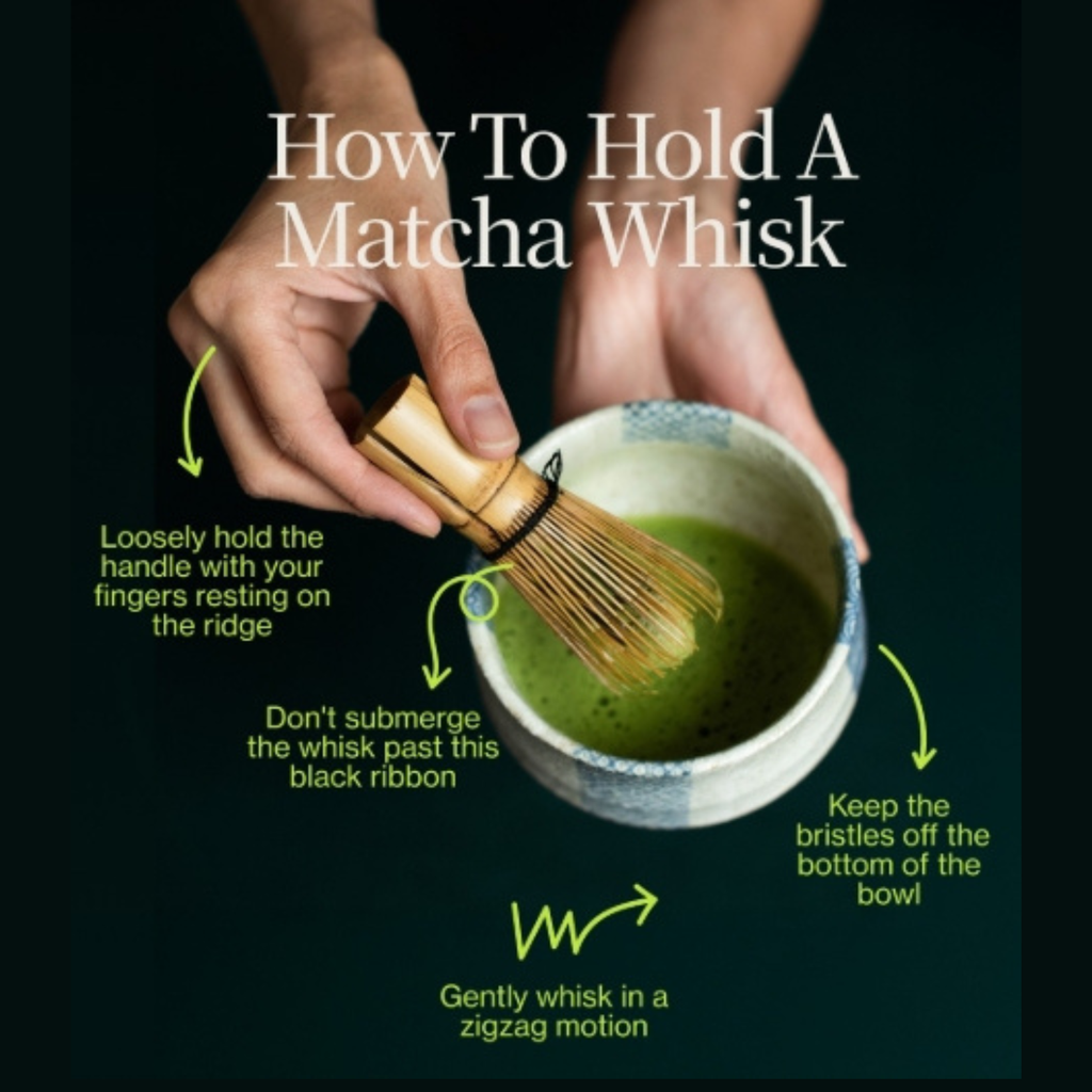 Instructional diagram on how to hold a matcha whisk with text and arrows.
