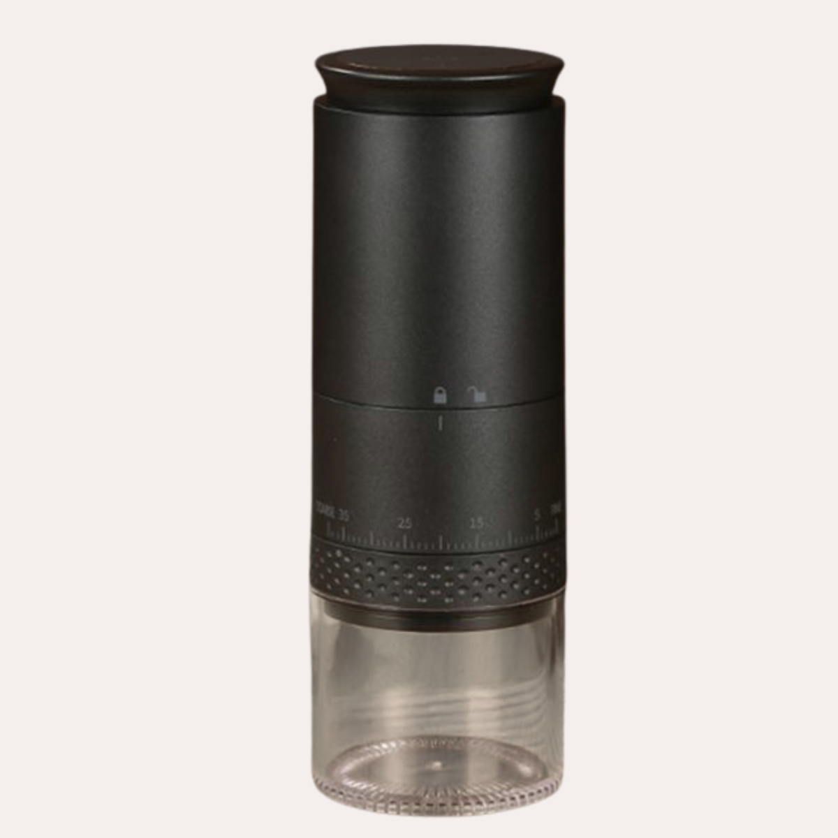 Black pepper grinder with clear container on a white background