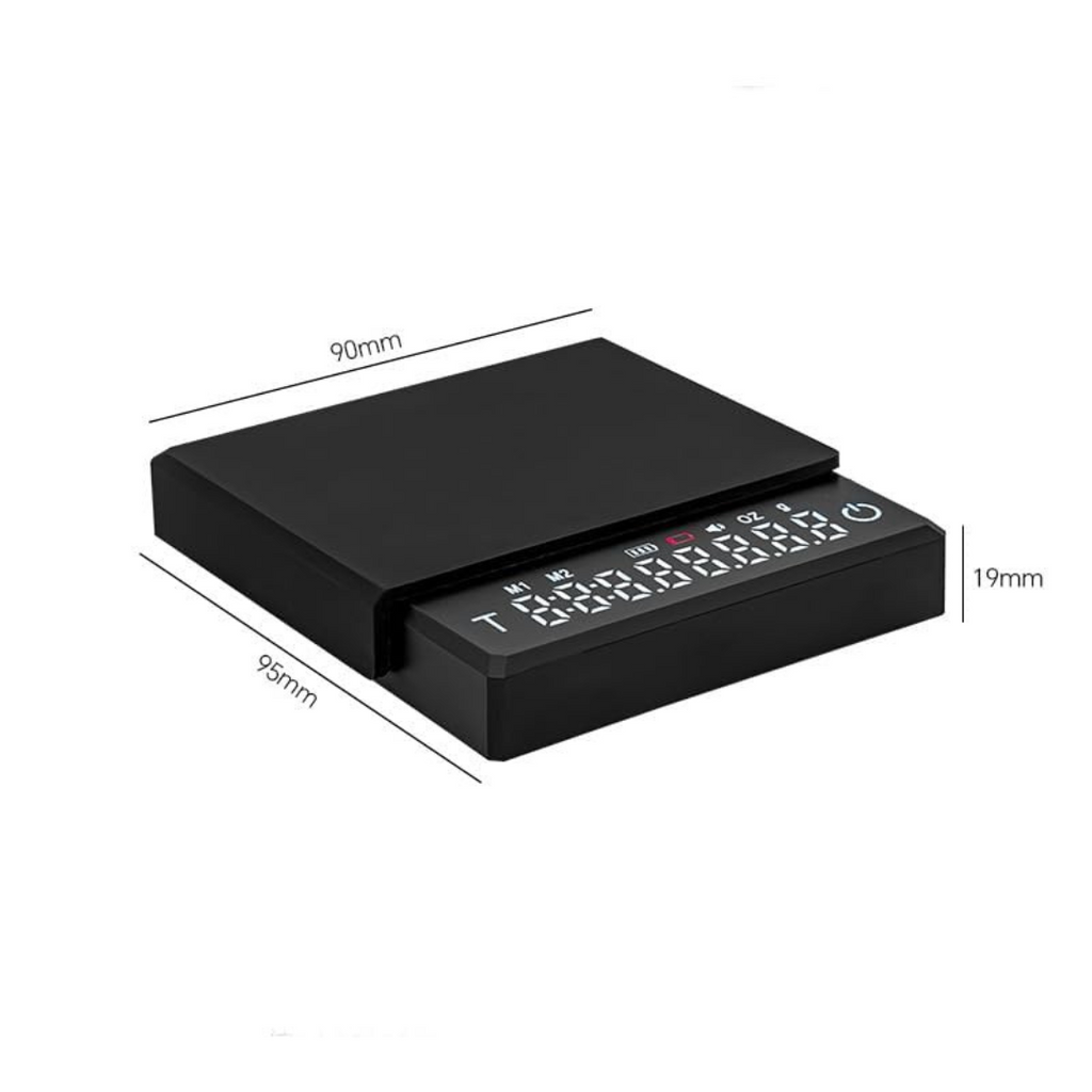 0.1g High Precision Drip Espresso Scale with dimensions 90mm x 95mm x 19mm, featuring a compact stainless steel platform and digital display.

