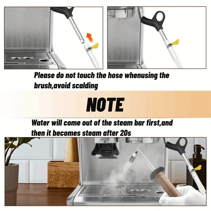 Cleaning brush for espresso machine with steam bar and water flow demonstration.