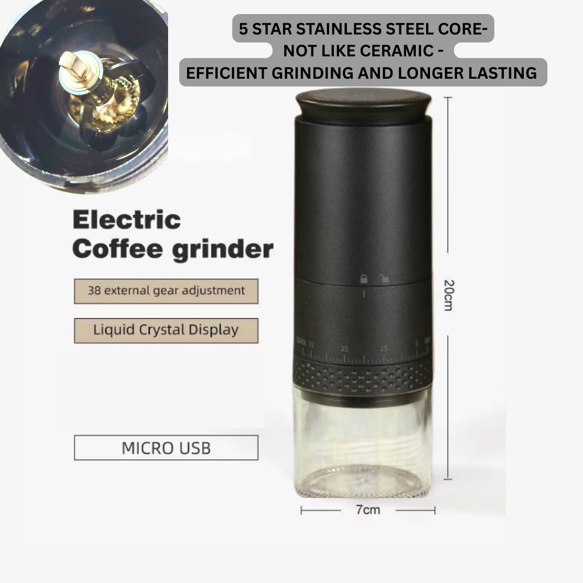 Electric coffee grinder with features highlighted on a white background