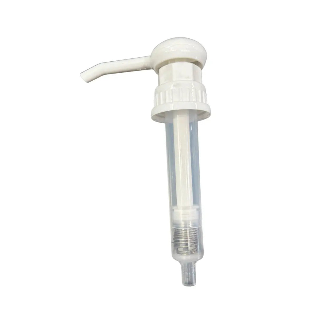 A white plastic sauce bottle pump with a clear tube and a measurement scale.