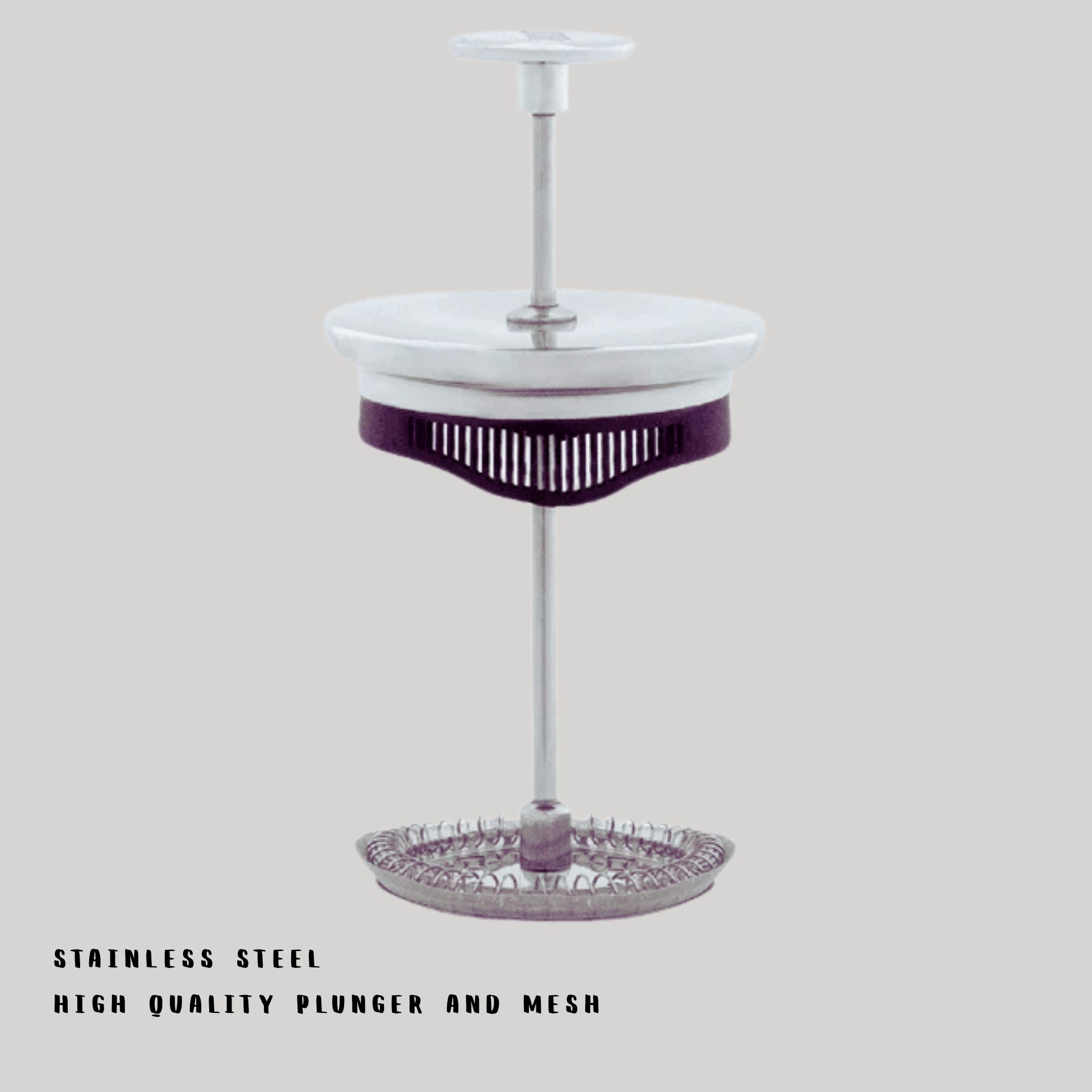 Stainless steel plunger with mesh on a light gray background