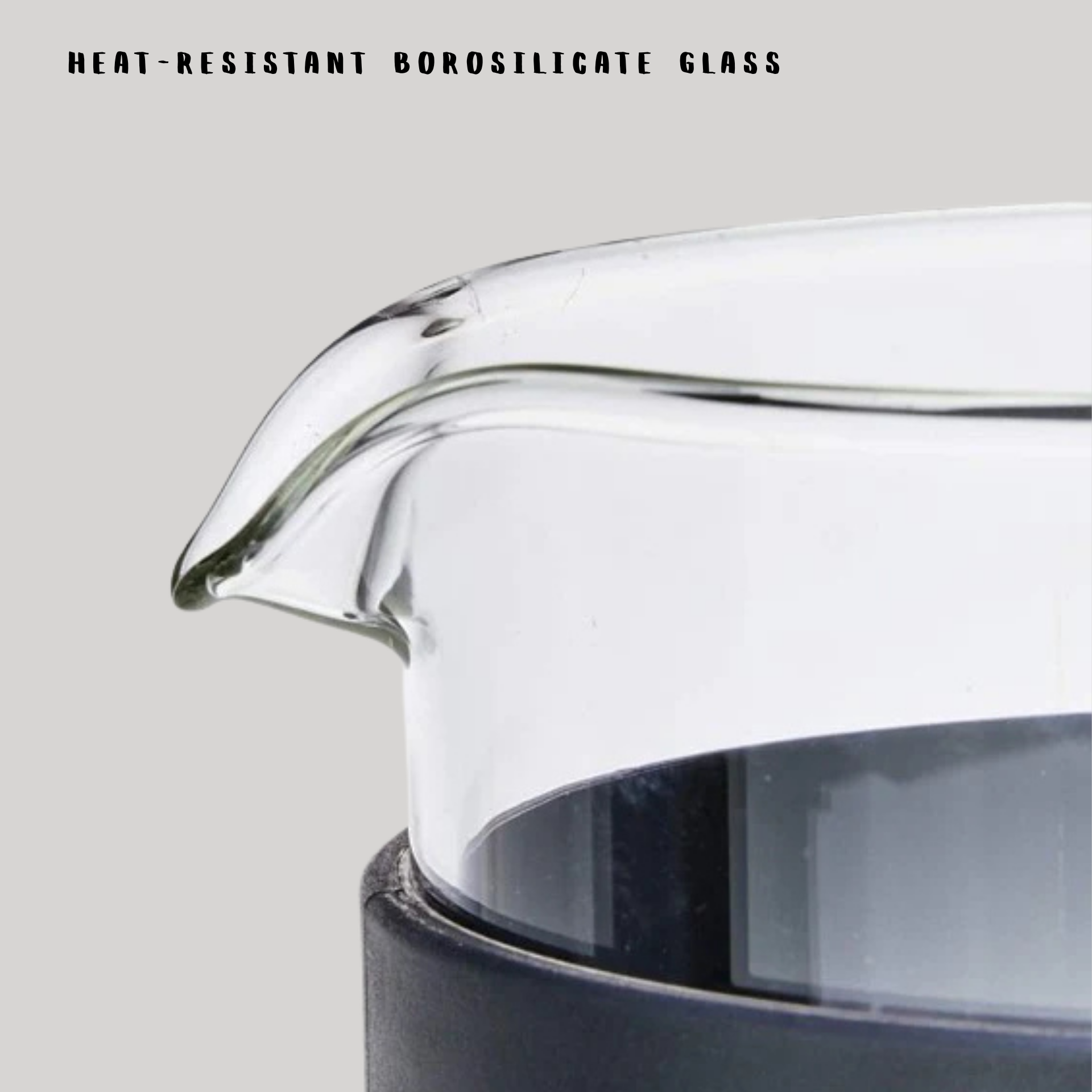 Heat-resistant borosilicate glass product on a light gray background