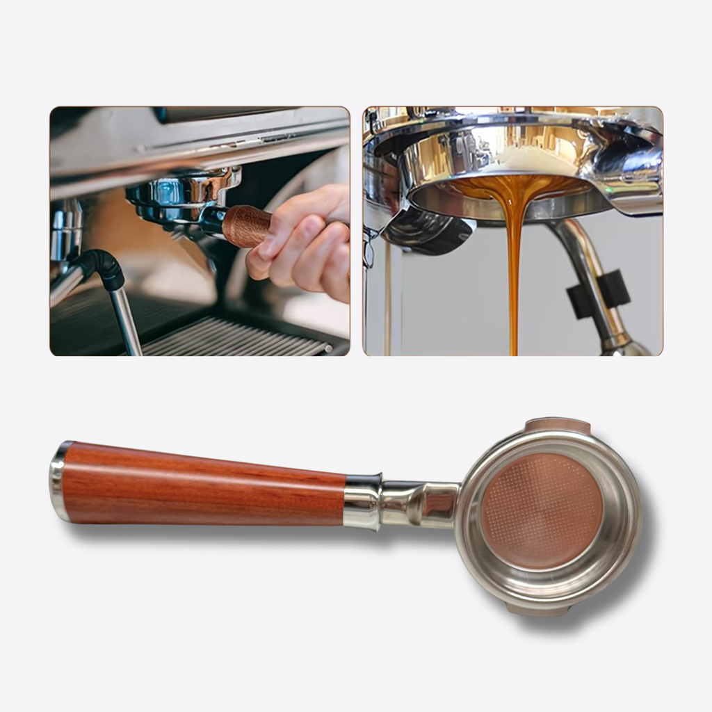Collage of a coffee machine in action and a close-up of a wooden-handled espresso tool.