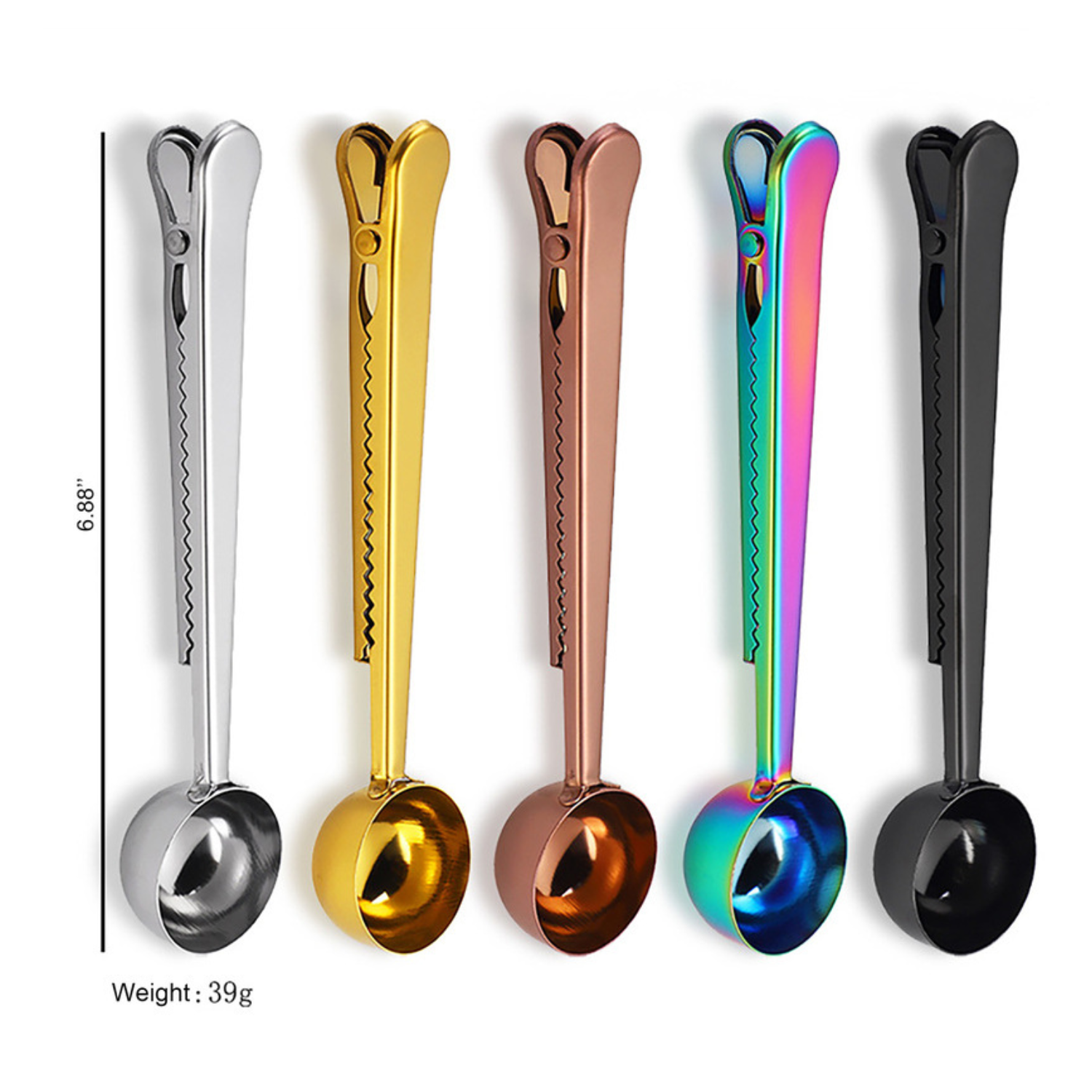 Set of five colorful measuring spoons on a white background