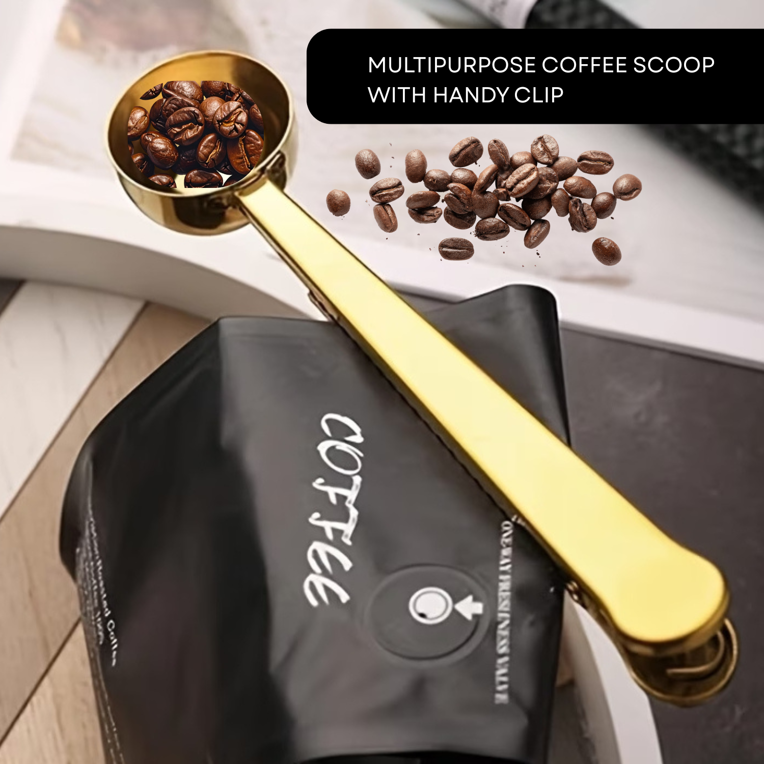 Gold coffee scoop with beans and clip on a coffee bag
