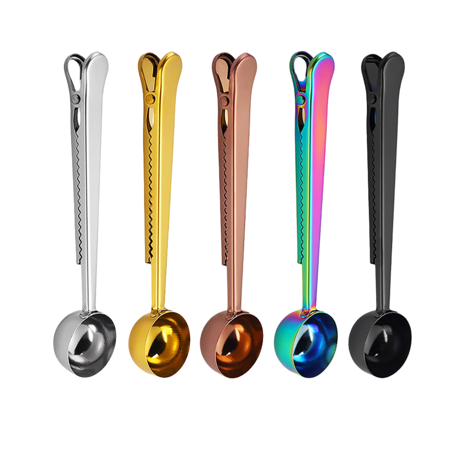 Set of five colorful measuring spoons on a white background