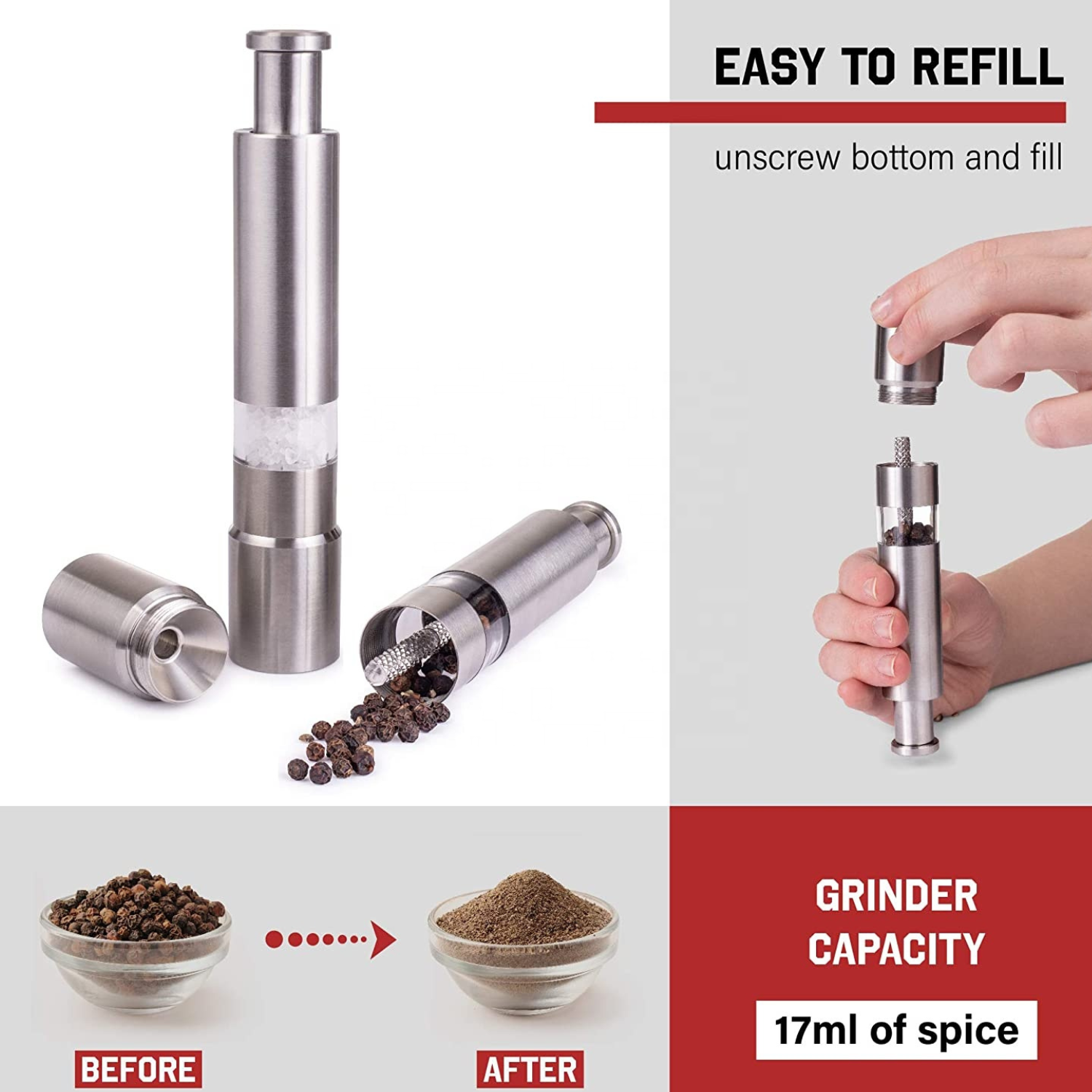 Stainless steel pepper grinder with refillable design, showing before and after use of spices.