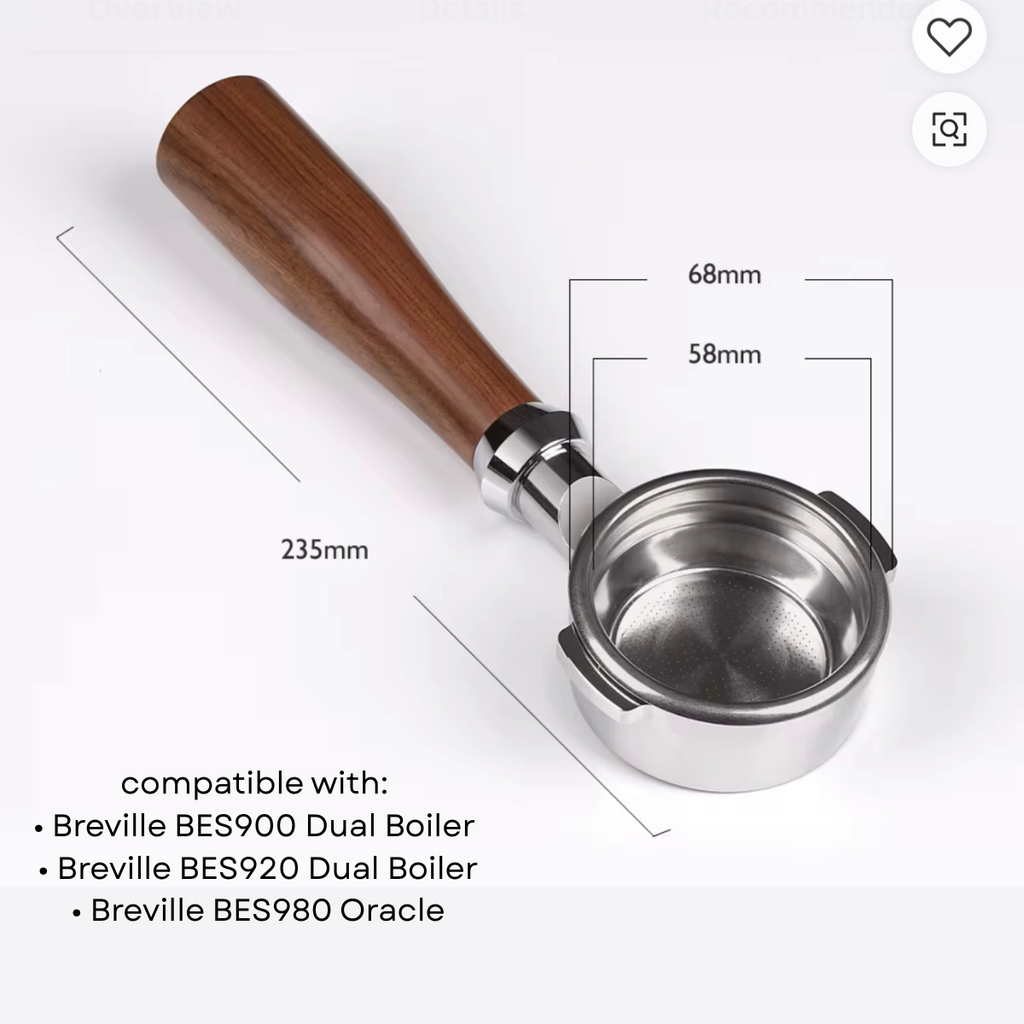 Coffee scoop with wooden handle and metal bowl, showing dimensions and compatibility with Breville coffee machines.
