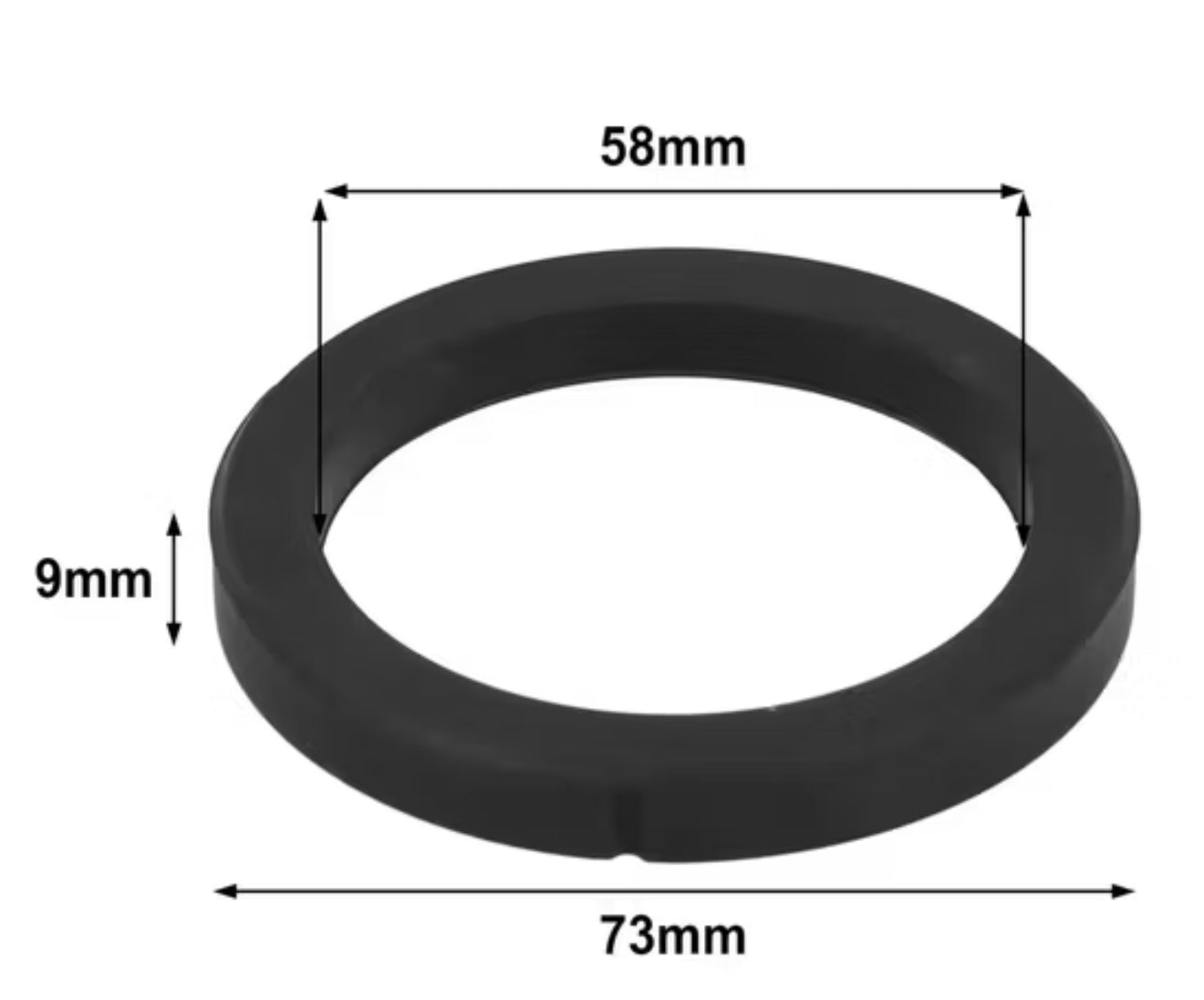 Black rubber ring with measurements on a white background