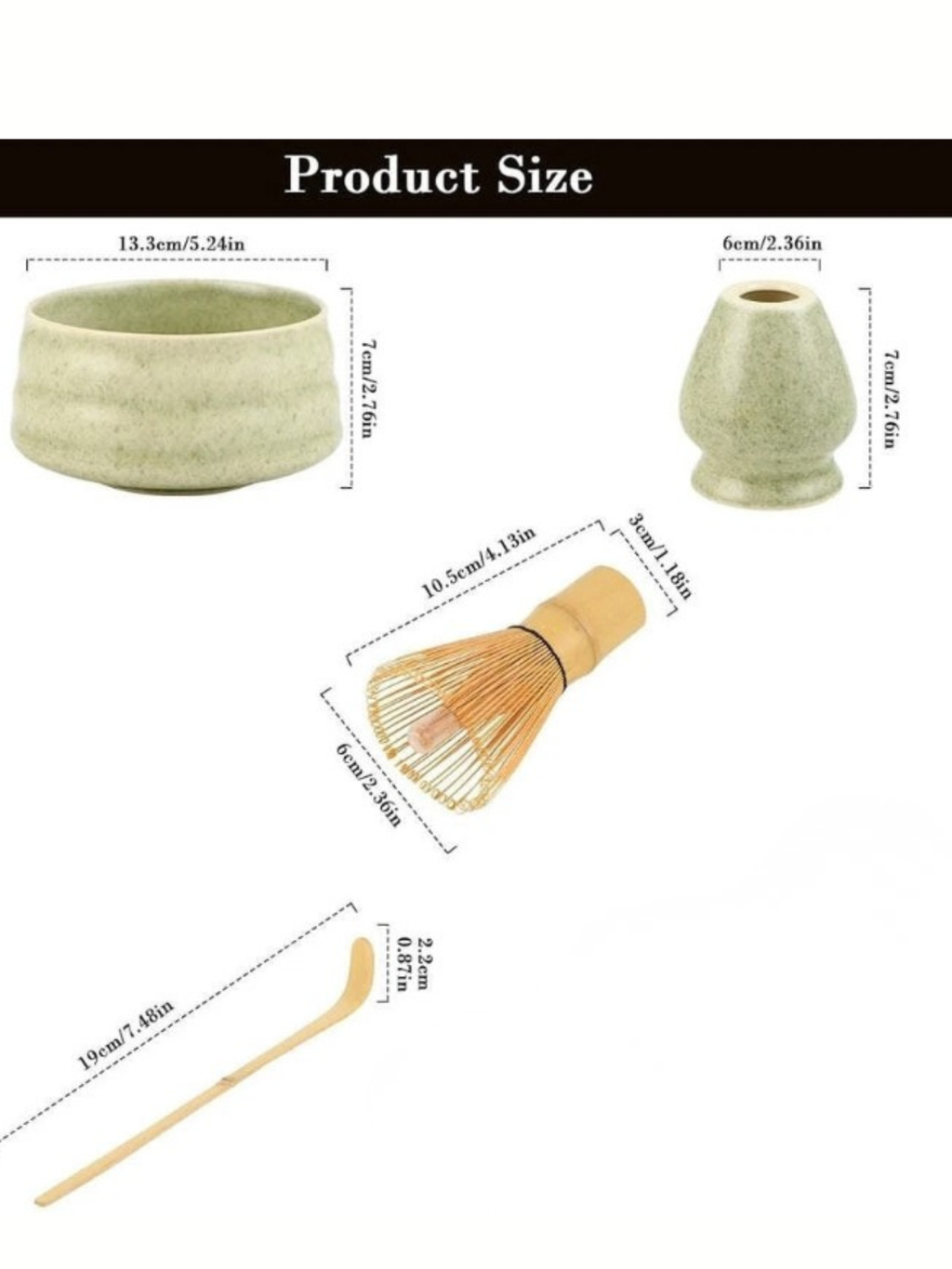 Measurement chart of a green ceramic bowl, wooden whisk, and wooden spoon on a white background.