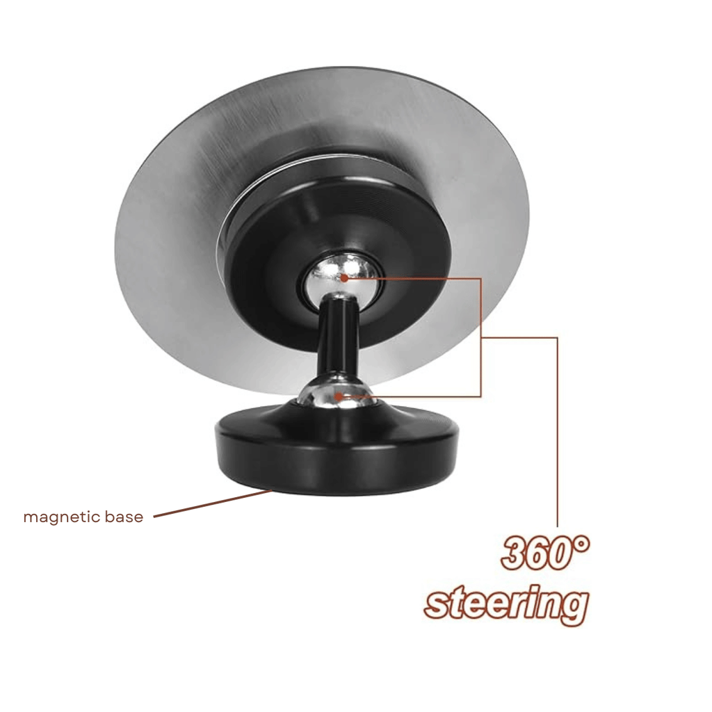 Close-up of a magnetic base with 360-degree steering feature on a white background