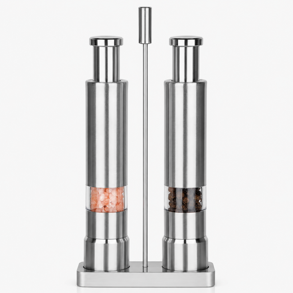 Silver pepper mill and salt shaker set on a white background