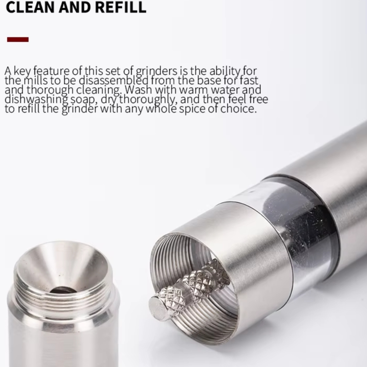 Metal grinder with disassembled parts on a white background, text about cleaning and refilling.