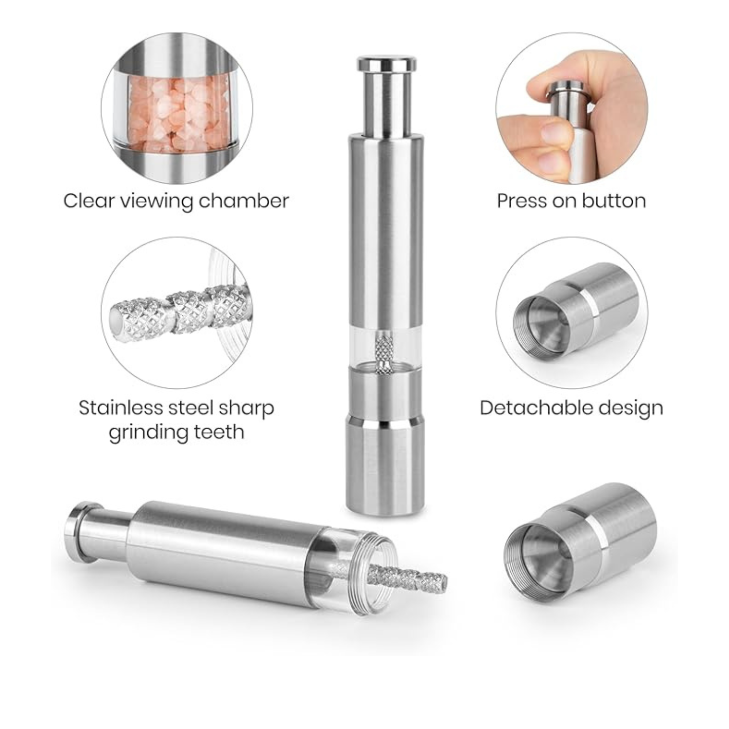 Stainless steel herb grinder with features highlighted on a white background