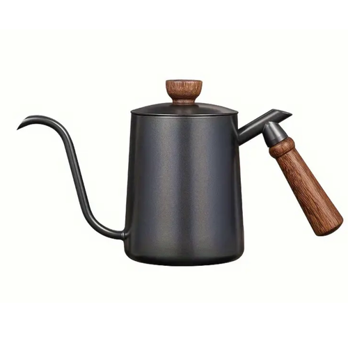 Black coffee kettle with wooden handle and spout on a white background