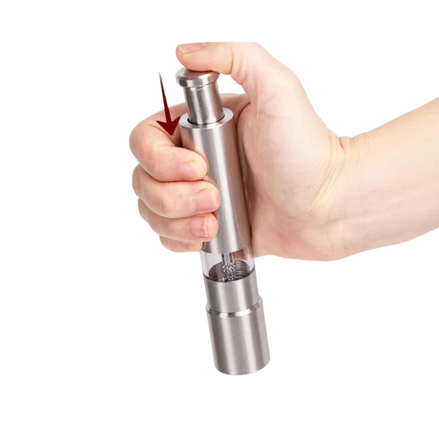 Hand holding a silver pepper grinder on a white background