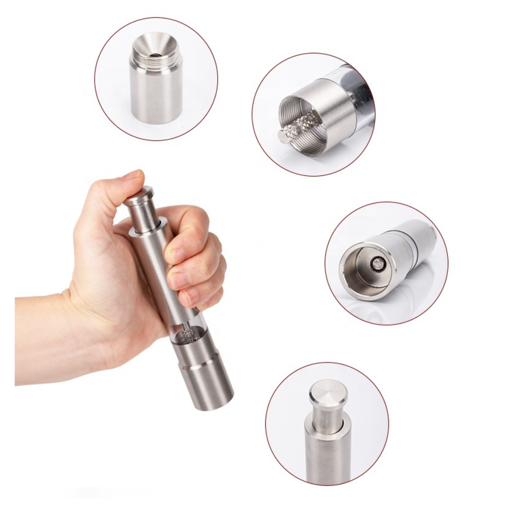 Metal pepper grinder held by a hand with close-up insets on a white background