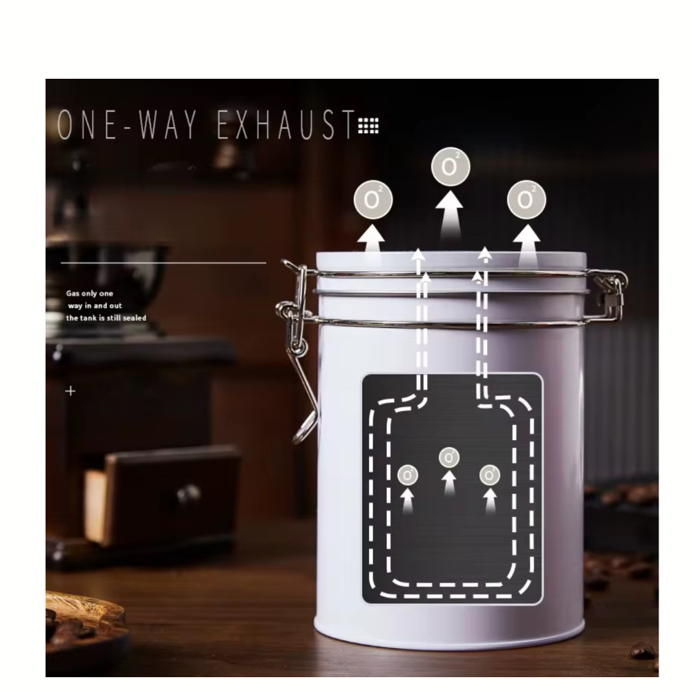 White canister with a one-way exhaust system diagram on a wooden surface.